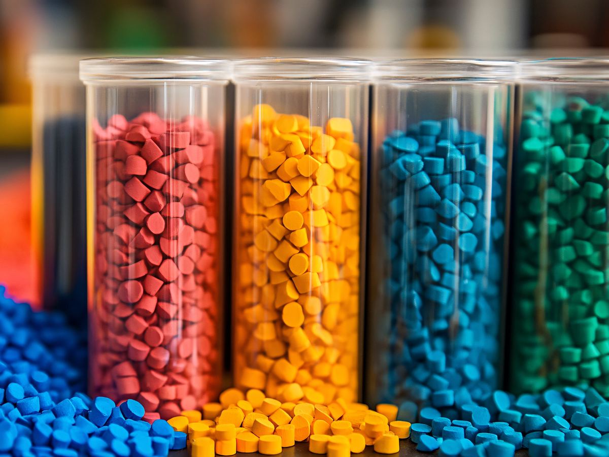 Campioni di granuli plastici di colori diversi in contenitori trasparenti