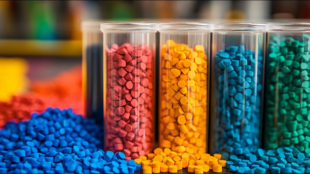 Campioni di granuli plastici di colori diversi in contenitori trasparenti